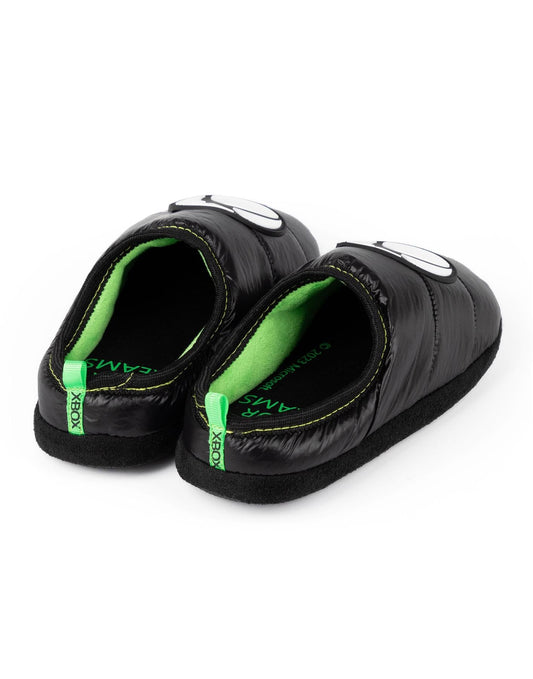 Black and green Xbox slippers for kids and teens with game console logo, slip-on loafers, cozy house shoes for boys and girls.