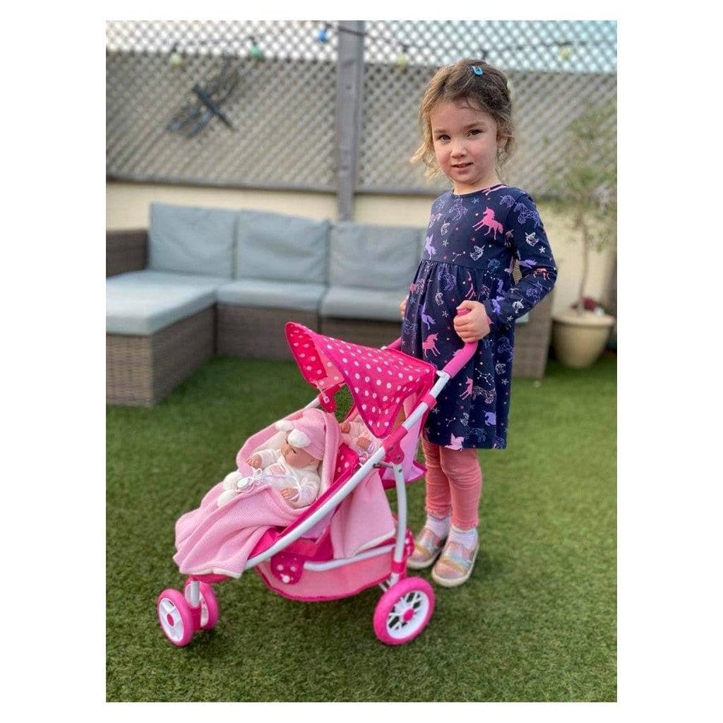Roma Dotty Dolls Pram with 2 Seats - Dolls Pushchair for 2 Dolls or Teddies, Dolls Double Buggy with Handle Height of 65cm, Suitable for Age 3+, Includes Shopping Basket