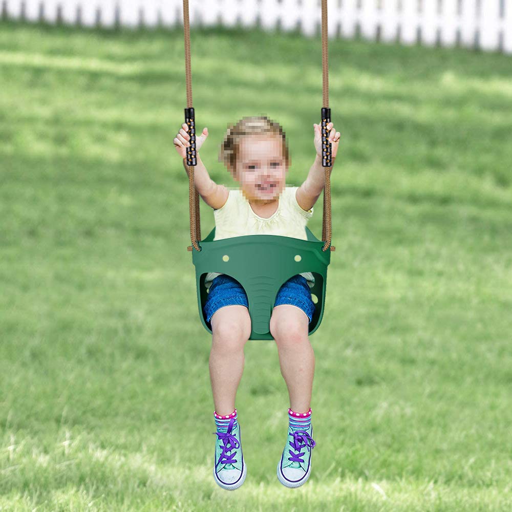 Green BeneLabel baby swing seat with high back, adjustable rope, suitable for toddlers 1-3 years, indoor or outdoor use, elephant design