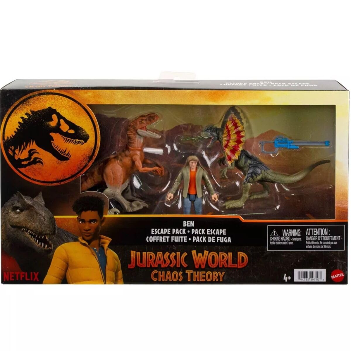 Jurassic World Chaos Theory Ben Escape Pack, 3.75-inch Action Figure Set with Dinosaurs and Blaster, Netflix Series