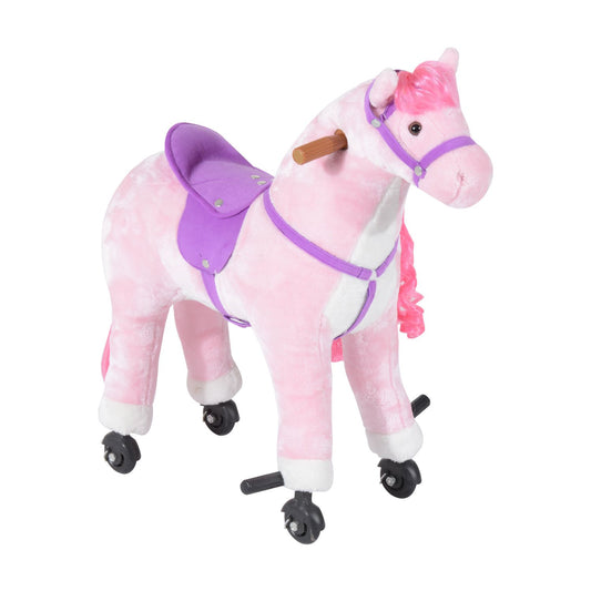 HOMCOM Plush Walking Horse Ride On Toy with Wheels and Realistic Sounds Rocking Horse for Girls Boys 3+ Years Old, 50cm Tall, Pink