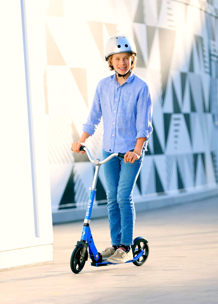 Blue Micro Cruiser children's scooter with adjustable handlebar, foldable design, lightweight frame, and kickstand.