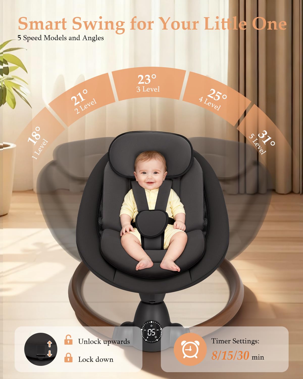 Portable Uuoeebb baby bouncer with Bluetooth, 5 swing speeds, 10 lullabies, 5-point harness, remote control, and touch panel in black.