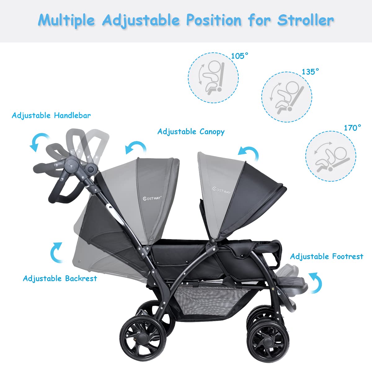 COSTWAY double seat pushchair with foldable tandem design, adjustable backrests, safety belts, sunshade, and storage basket in black.