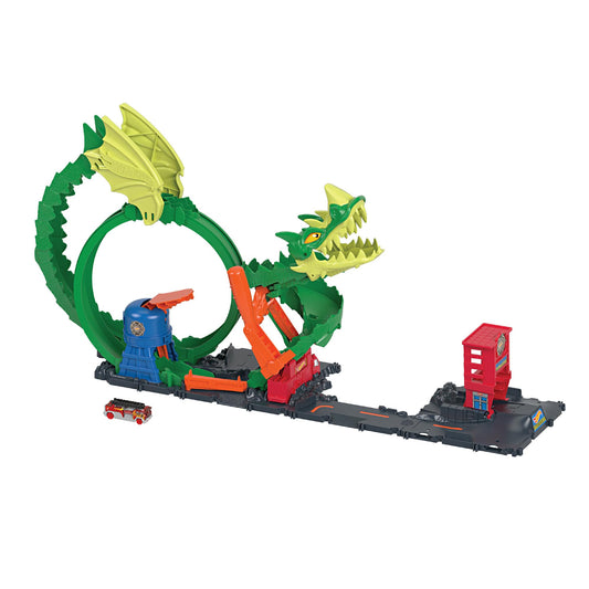 Hot Wheels City Dragon Drive Firefight Playset, Defeat the Dragon with Stunts, Connects to Other Sets, Includes 1 Hot Wheels Toy Car, Gift for Kids 3 to 8 Years Old, HJV70