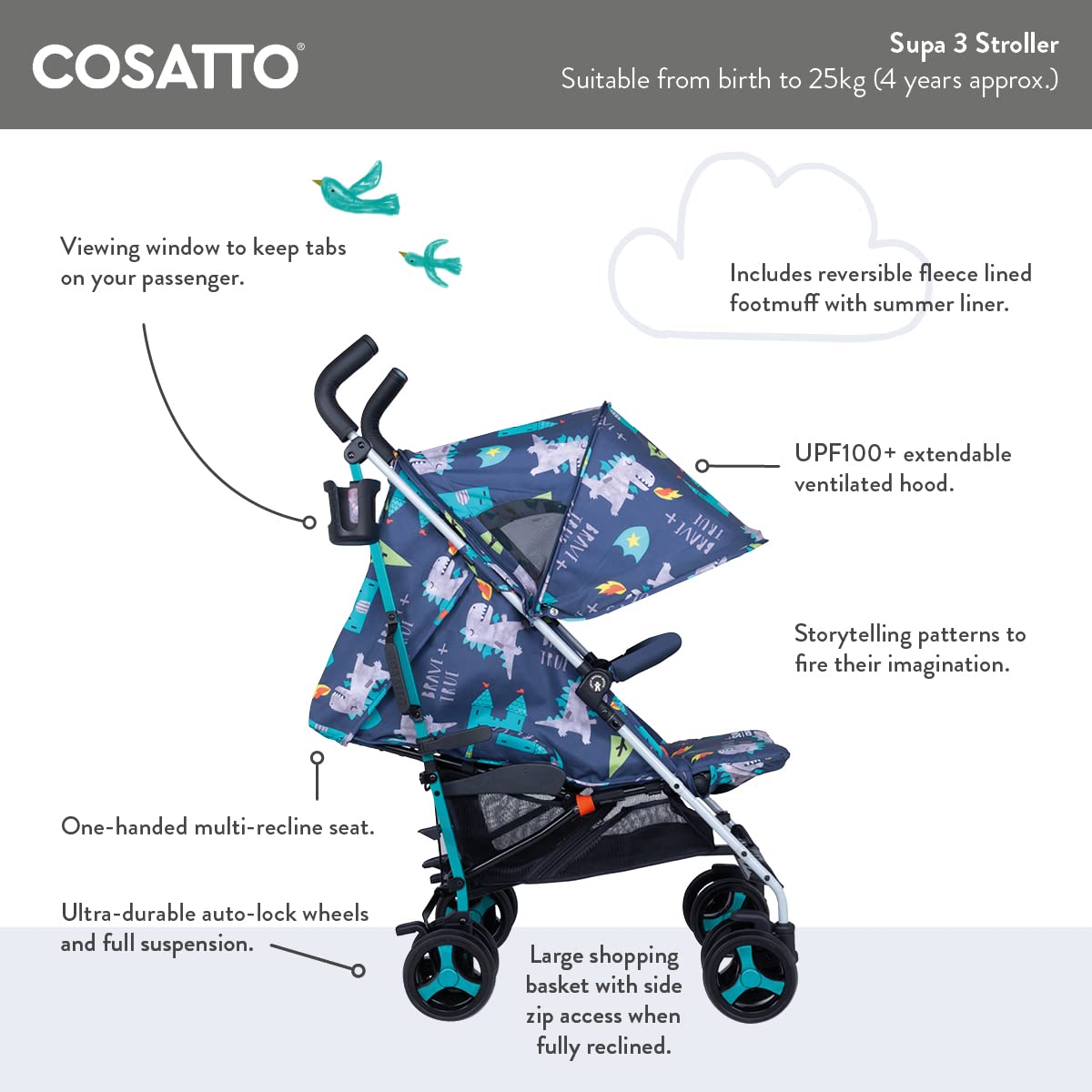 Cosatto Supa 3 Pushchair with Footmuff – Lightweight Stroller from Birth to 25Kg - Easy, Compact, Umbrella Fold, Large Shopping Basket, Carry Handle Footmuff, Dragon Kingdom