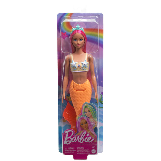 Barbie Mermaid Doll with pink fantasy hair, starfish bodice, and soft orange tail, wearing a matching headband accessory.