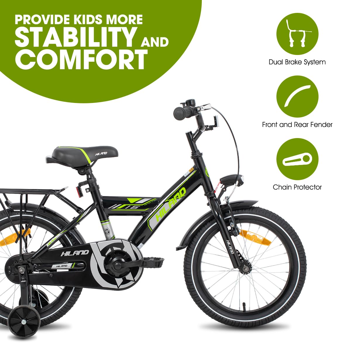 Hiland 16 Inch Kids bike, Black Bicyles for Boys and Girls from 4 5 6 7 Years, with Luggage Rack Stabilisers