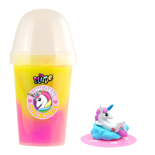Colorful unicorn-shaped slime in a collectible cup by So Slime, stretchy sensory slime toy for kids with no mixing needed.