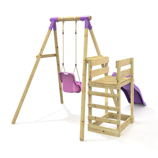 Rebo® Wooden Swing Set Plus Deck and Slide - Pluto Purple | OutdoorToys | Kids' Outdoor Wooden Play Equipment for Gardens, Frame and Accessories Included, Weather Resistant