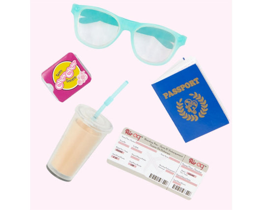 Our Generation Lisandra 18-inch travel doll with realistic features and rolling luggage, dressed in travel gear.