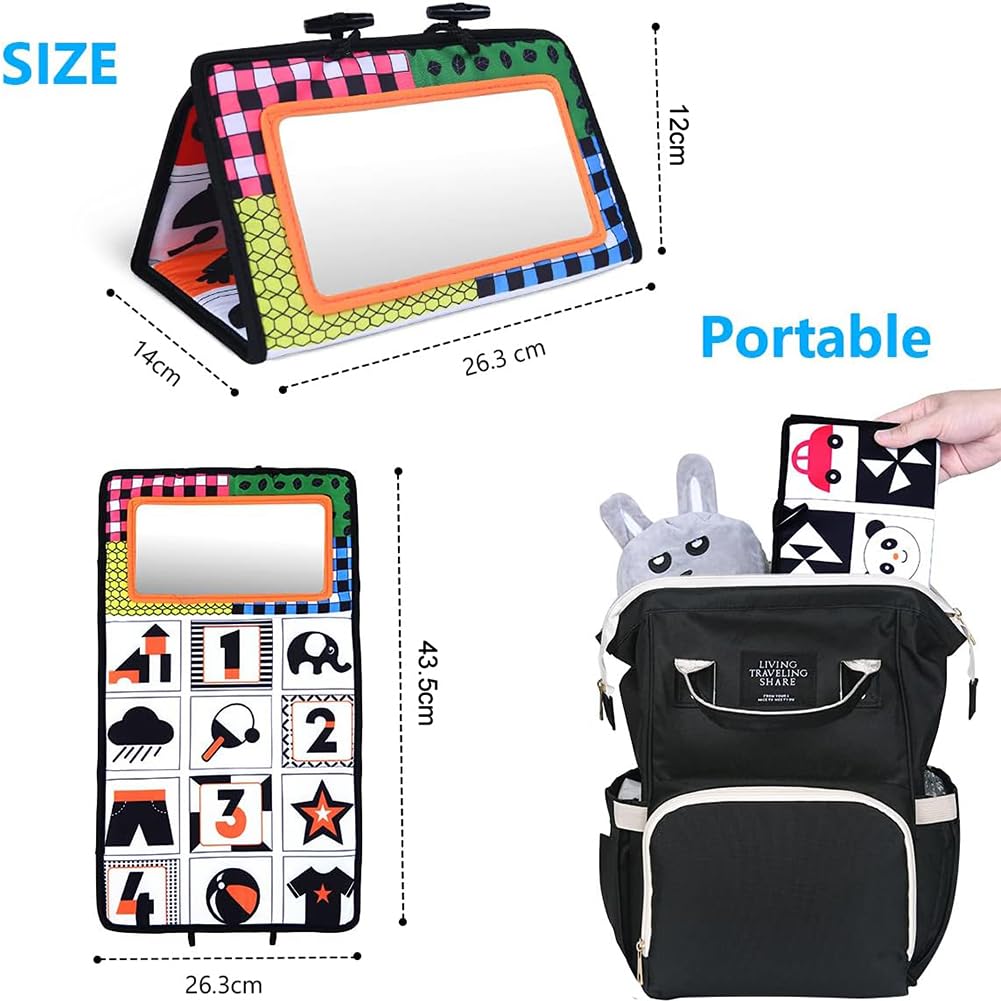 Vicloon Tummy Time Mirror, Baby Mirror Black and White Sensory Toys Tummy Time Activity Mirror, Baby Mirror Toy Safe Foldable with High Contrast Patterns Play and Pat Activity Mat for Newborn Infants