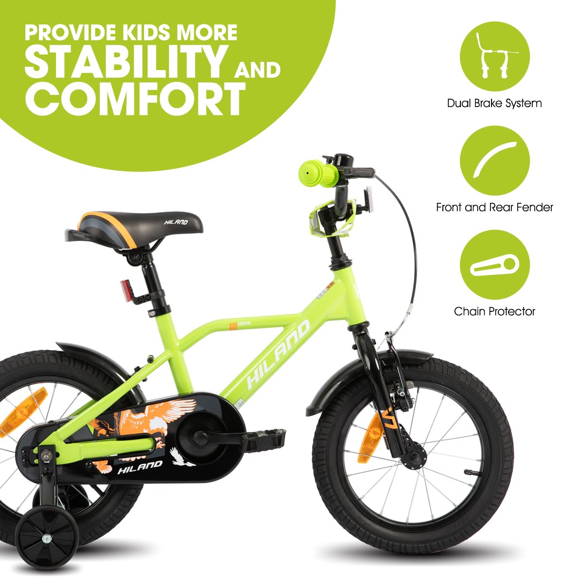 Hiland 14 Inch Kids Bike for Boys 3 4 5 6 years, with Stabilisers, Handbrake and Coaster Brake Boys Bike, Green