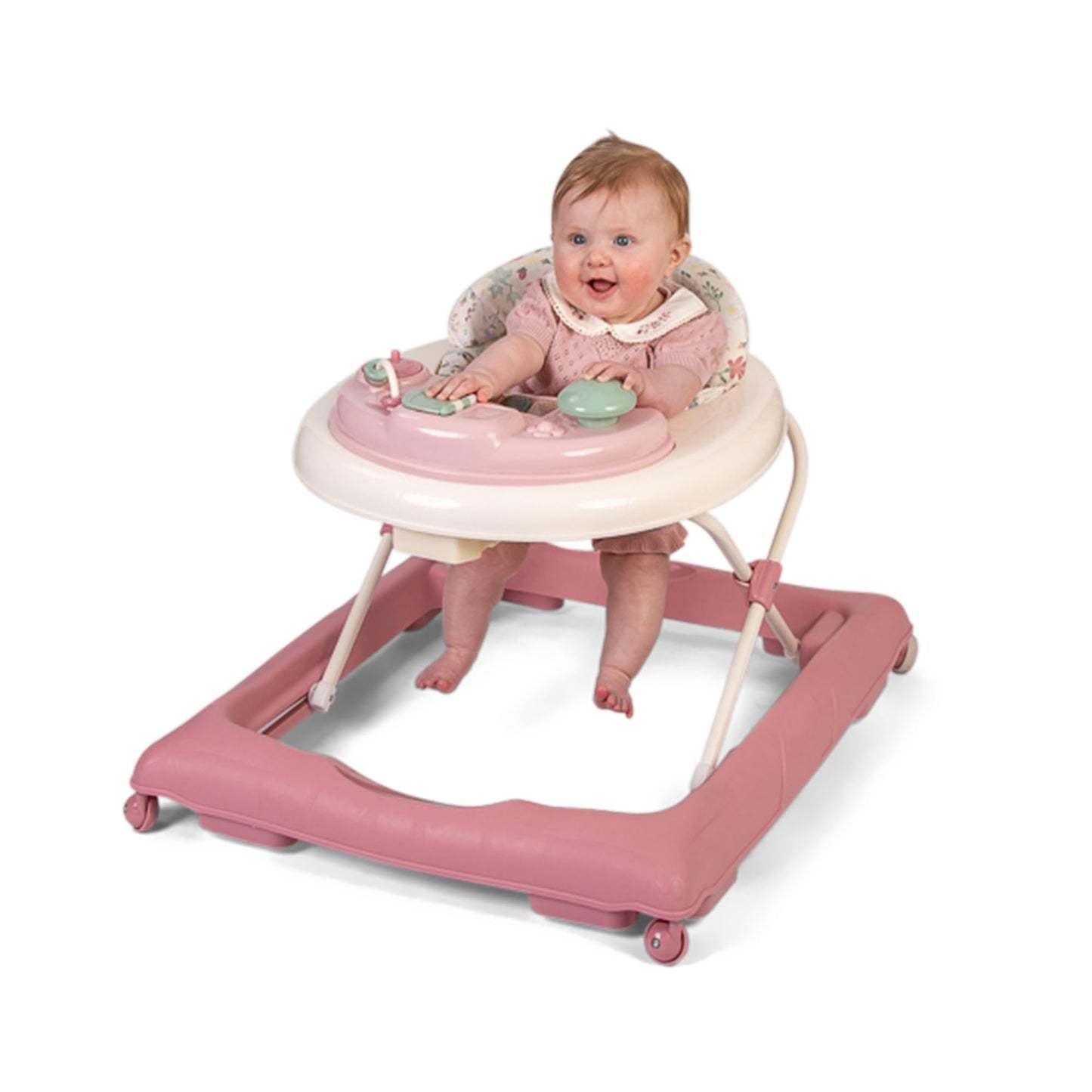 Red Kite Baby Go Round Jive electronic walker with interactive musical play tray in rose and ivy colors, suitable for infants.