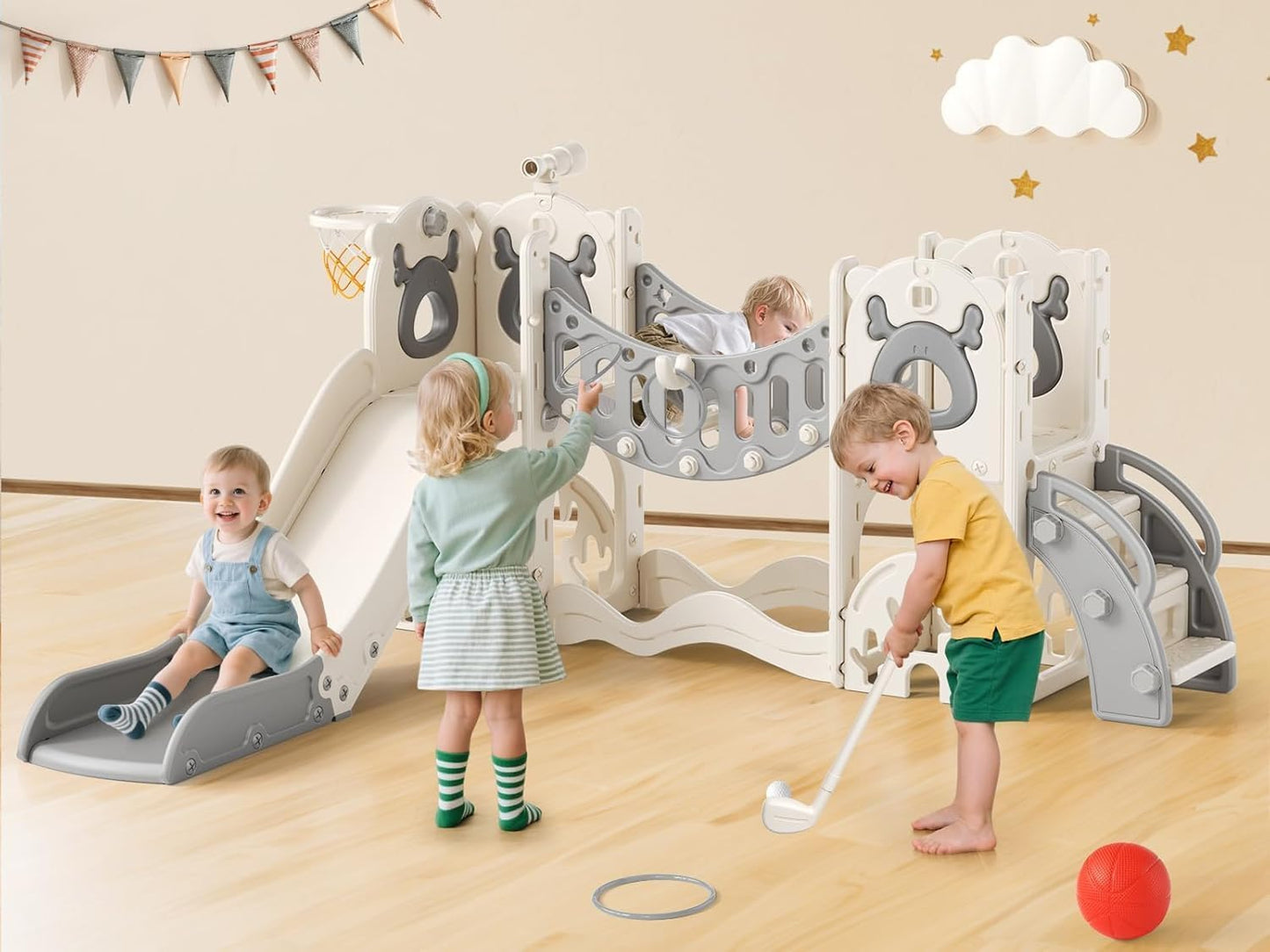 7 in 1Toddler Slide, Non-toxic HDPE material Christmas Elk Theme large slide with basketball hoop climbing frame for the garden telescope storage space educational toys For Toddlers Age 1-3 Year