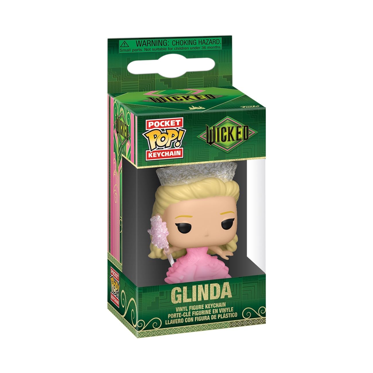 Funko Pop! Keychain of Glinda from Wicked, featuring a mini figure keyring, perfect for backpack decor and collectors.