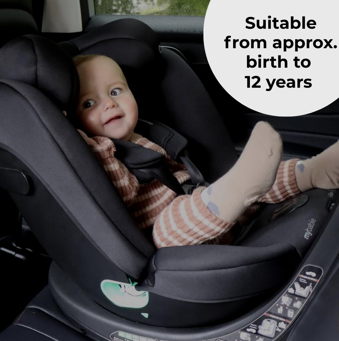 My Babiie MBCS300 Easy 360° Spin R129 Baby Car Seat – Top Tether, ISOFIX, Birth to 12yrs (40-150cm), i-Size, ERF, Group 0+/1/2/3, Rotating 360 Swivel - Black