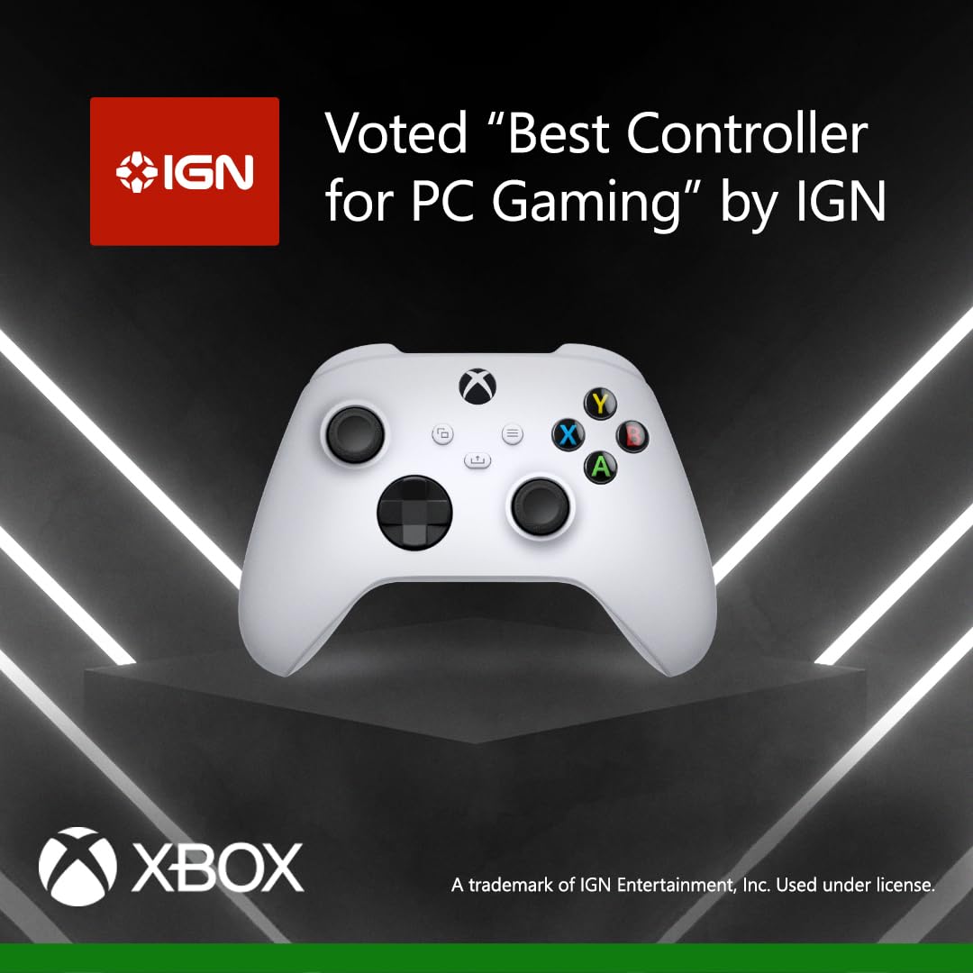 Xbox Wireless Controller in Robot White for Series X|S, One, and Windows devices, featuring ergonomic design and textured grips.