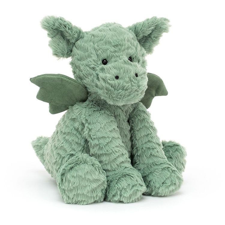 Medium Jellycat Fuddlewuddle Dragon plush toy, measuring 8 cm x 10 cm x 23 cm, with soft fur and friendly expression.
