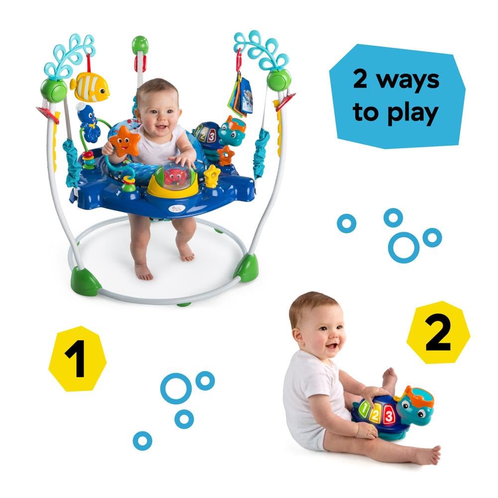 Baby Einstein Neptune's Ocean activity jumper with removable toys, colorful play center, adjustable heights, and 360° rotation for infants.