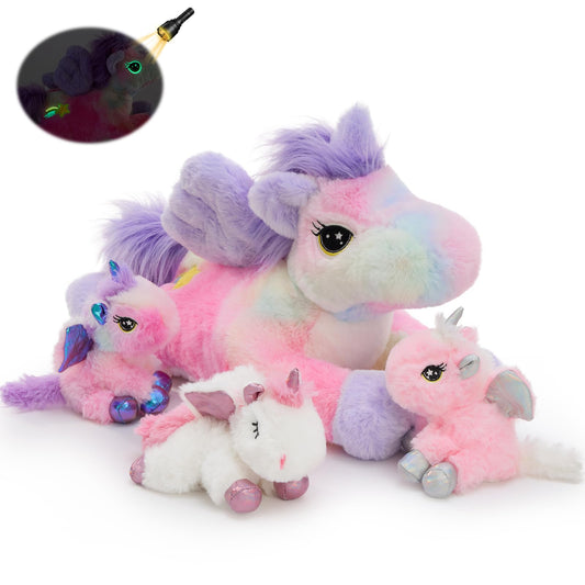 MorisMos Big Unicorn Teddy Stuffed Animal, 50cm Mom with 3 Cuddly Baby Inside, Giant Fluffly Soft Toy Realistic Kawaii Gift for Kids Birthday Deco