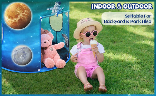 Kids astronaut galaxy play tent by MEERO LONDON, large foldable pop-up space-themed playhouse for toddlers and children.