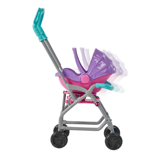 Barbie Skipper Babysitters Inc. playset featuring brunette Skipper doll, stroller, baby doll, and accessories for imaginative play.