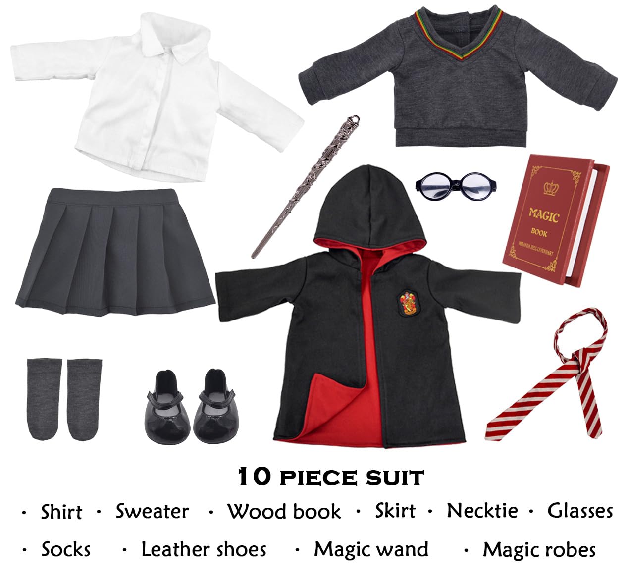 ebuddy Hermione Granger-inspired doll clothes set for American Girl dolls, featuring 10pc Hogwarts uniform and magic book.