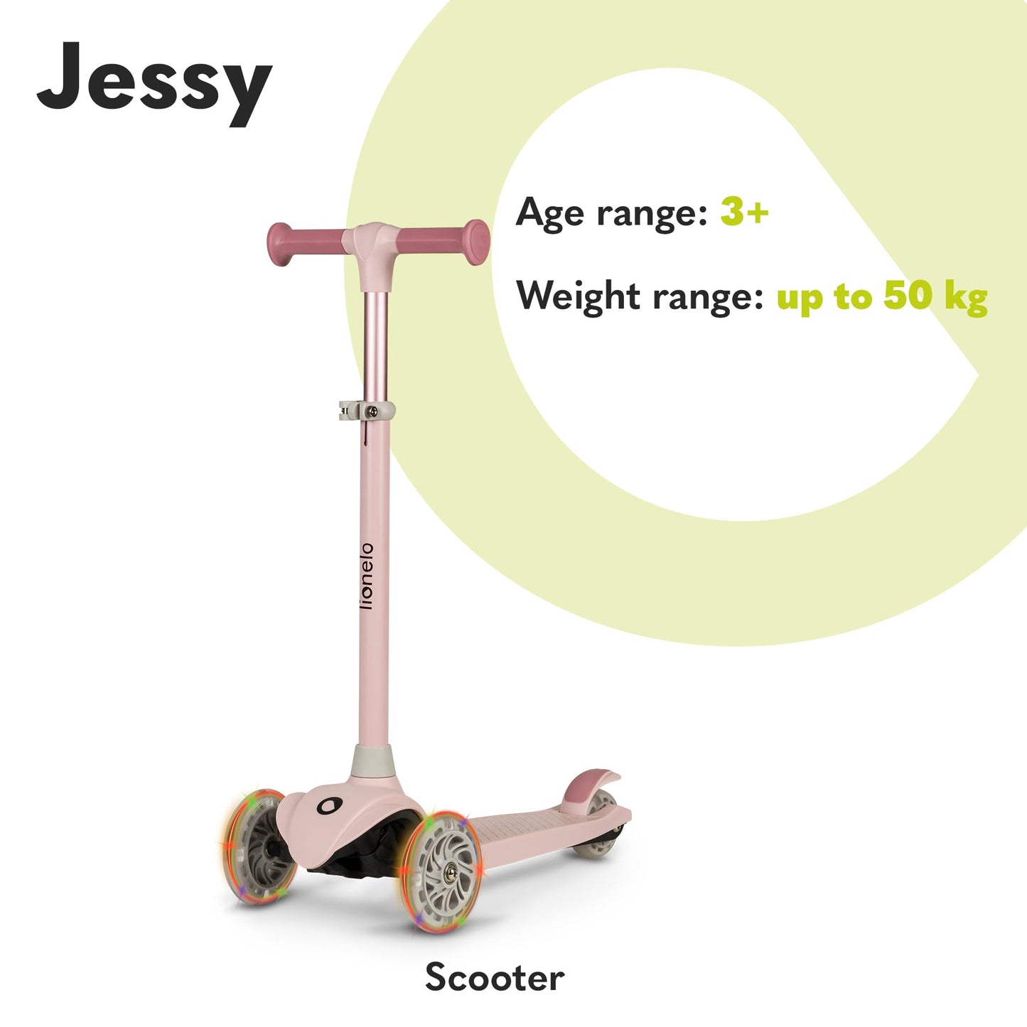 LIONELO JESSY kids scooter with three wheels, adjustable height, LED light-up wheels, and non-slip platform.