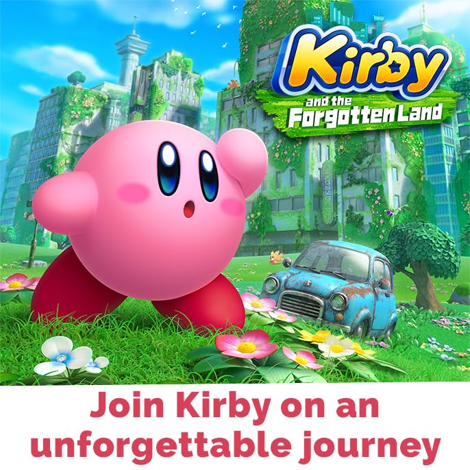 Nintendo Kirby and the Forgotten Land Nintendo Switch game cover with colorful artwork featuring Kirby in a vibrant, post-apocalyptic landscape.