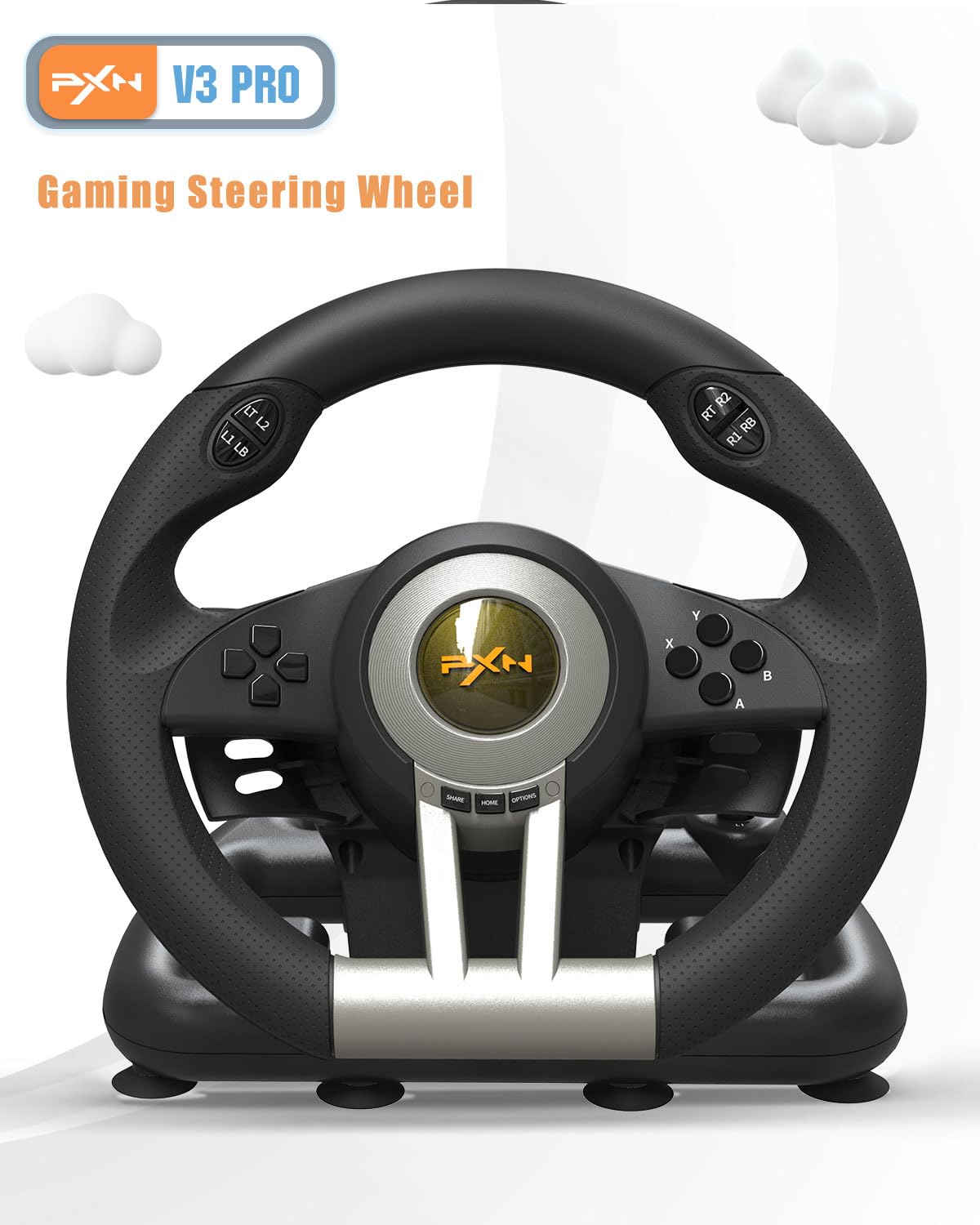 PXN V3 Pro Gaming Steering Wheel with Pedals - 180° Wheel, Vibration Feedback, Integrated-Shifter, Paddle Shifters - Steering Wheel for PC, PS3, PS4, Xbox and Switch - Black