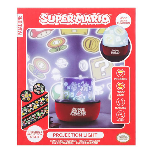 Paladone Super Mario projection light showing Mario scene with mood lighting and interchangeable images, gaming room decor.