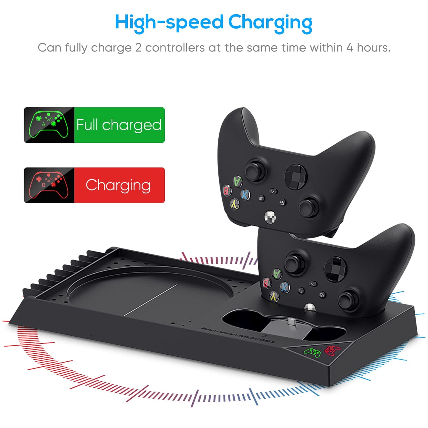 FYOUNG Xbox Series X cooling stand with controller charger, rechargeable batteries, headset holder, and game slots in a gaming setup.