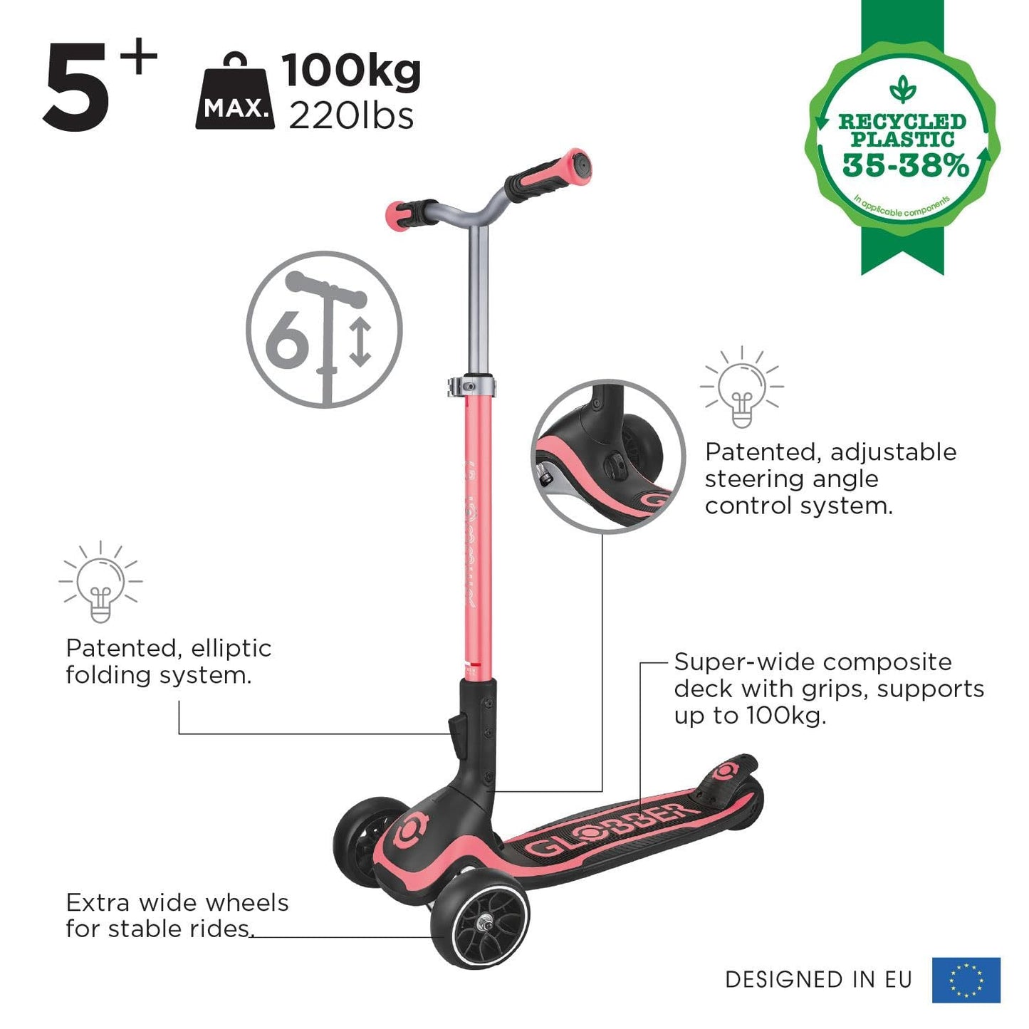 Globber Ultimum 3 Wheel Scooter in coral pink, featuring a patented steering system and adjustable height for kids and adults.