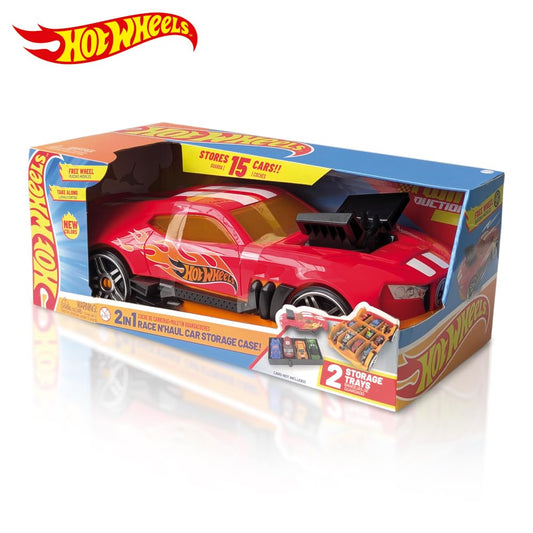 Hot Wheels 2in1 Race N' Haul car storage case with retractable handle, designed to hold up to 15 toy cars.