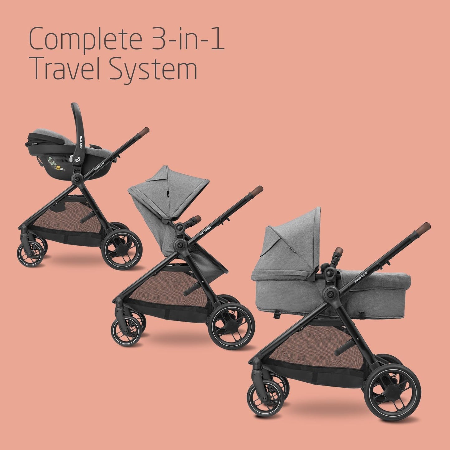Maxi-Cosi Zelia S Trio 3-in-1 Prams Travel System, 0 - 4 Years, Up to 22 kg, Foldable, Compact and Reclining Baby Pushchair, with CabrioFix S i-Size Baby Car Seat, Accessories, Nursery Bag, Grey