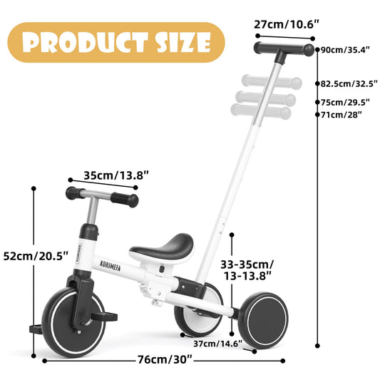 KORIMEFA Tricycle for 1-3 Years Old, 5 in 1 Balance Bike with Push Handle, Adjustable Seat, Removable Pedals, Toddler Trike for Boy & Girl, White