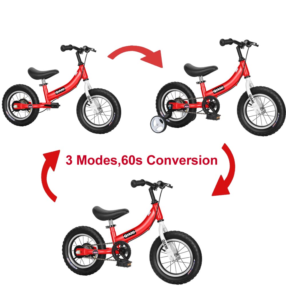 Qiani Balance Bike 2 in 1 for Toddlers,Kids 2 3 4 5 6 Years Old,Balance to Pedals Bike,12 14 16 inch Kids Bike,with Pedal kit,Stabilisers,Brakes(red, 12 inch)
