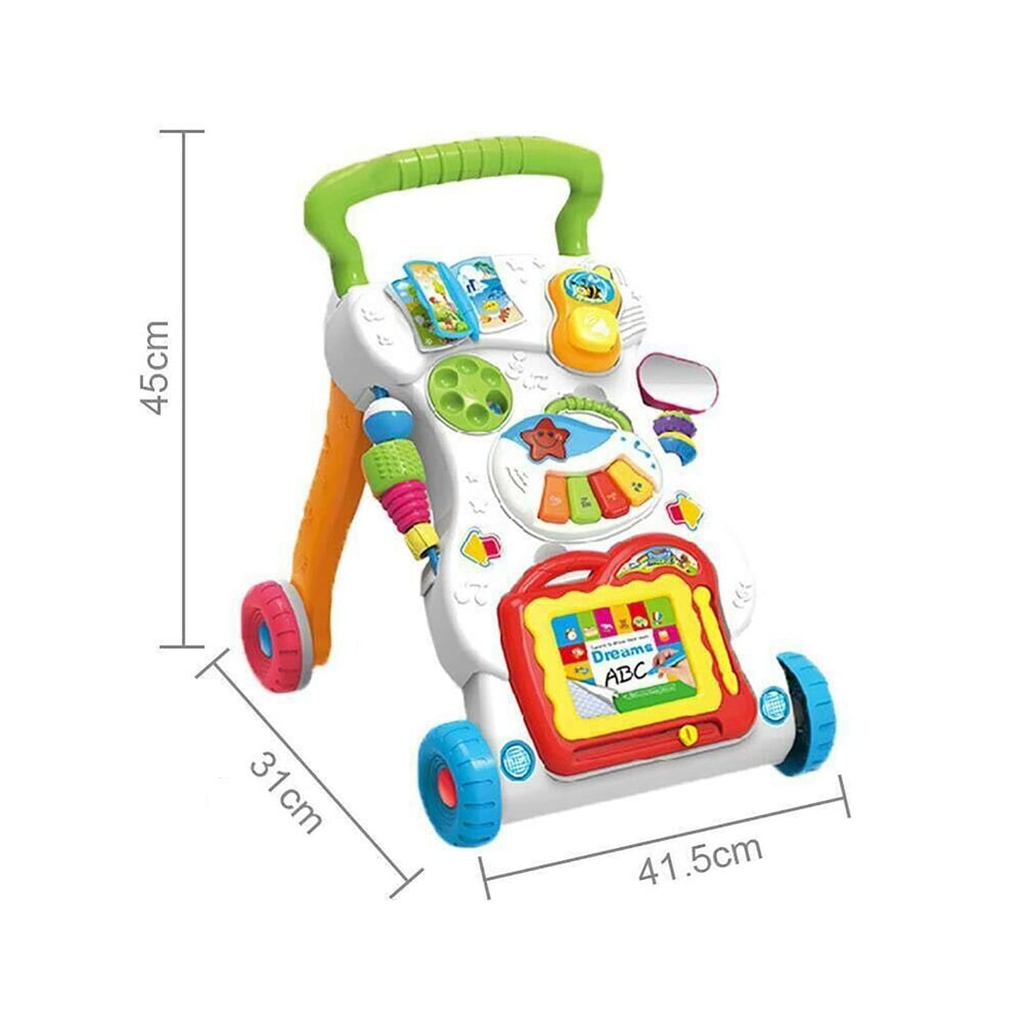 Queiting Baby Walker with musical toys, activity car, and toddler ride feature for early walking and fun play.