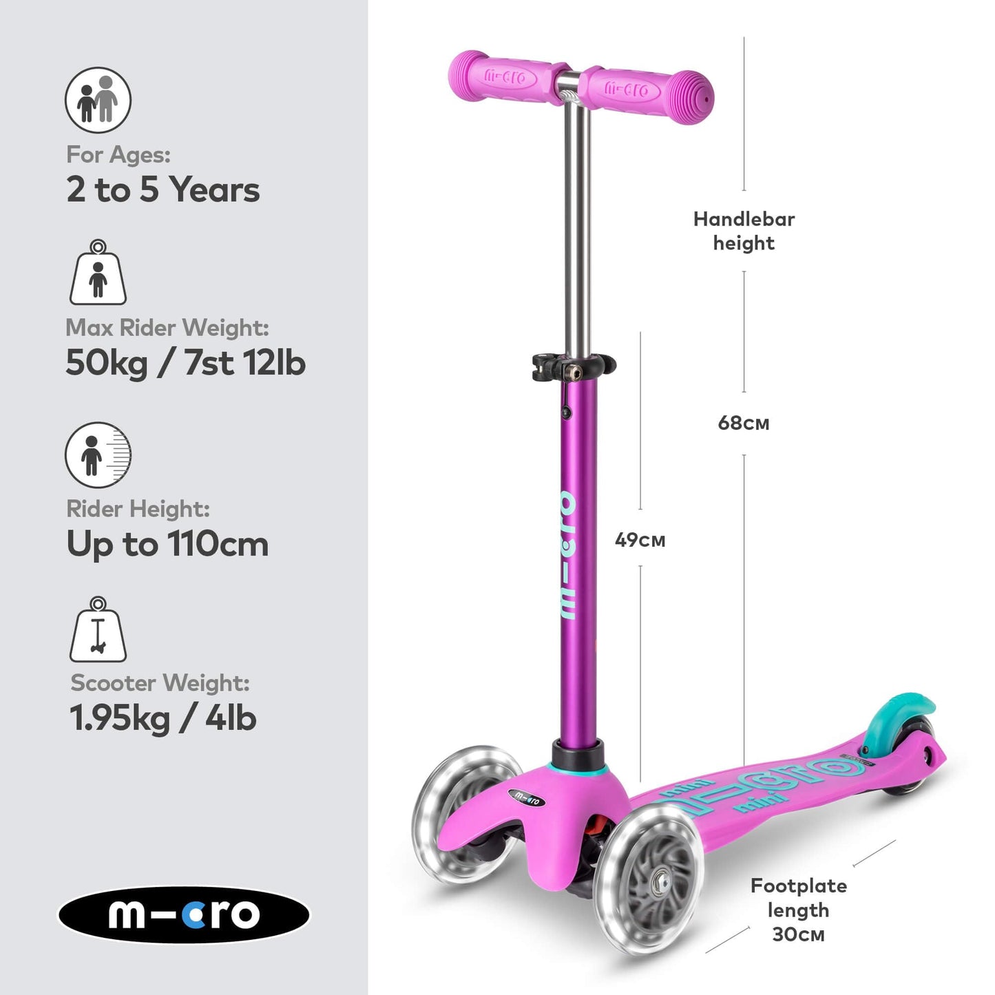 Micro Scooters | Mini Micro Deluxe LED Children's Scooter | Extra Grippy Deck | Weather Tested Stem | Remove & Fold Handlebar | Light Up Wheels | 2-5yrs | Boys & Girls | Lavender