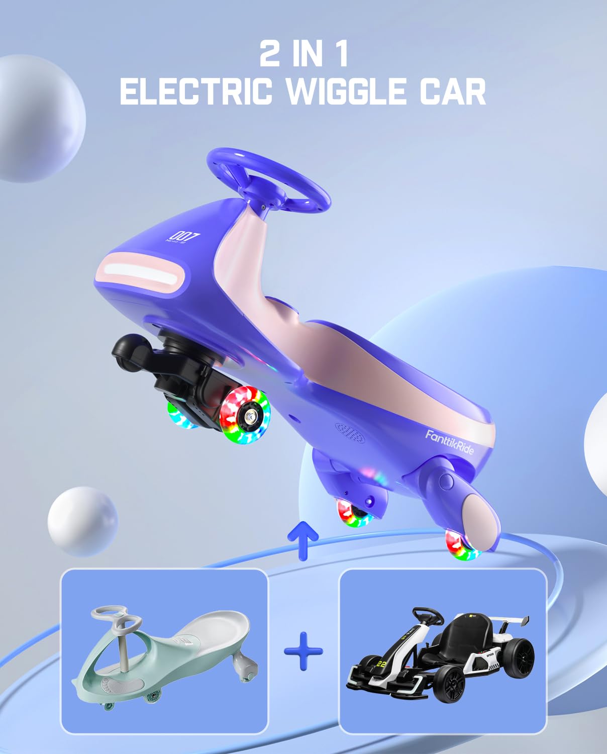 FanttikRide 12V N7 Pro Kids Electric Car, 2-in-1 Ride on Car with Pedal, Rechargeable Battery, 2 Speed, Anti-Rollover, Flashing Wheels, Bluetooth, for Ages 3-8, 150 lbs, Pinkish Purple