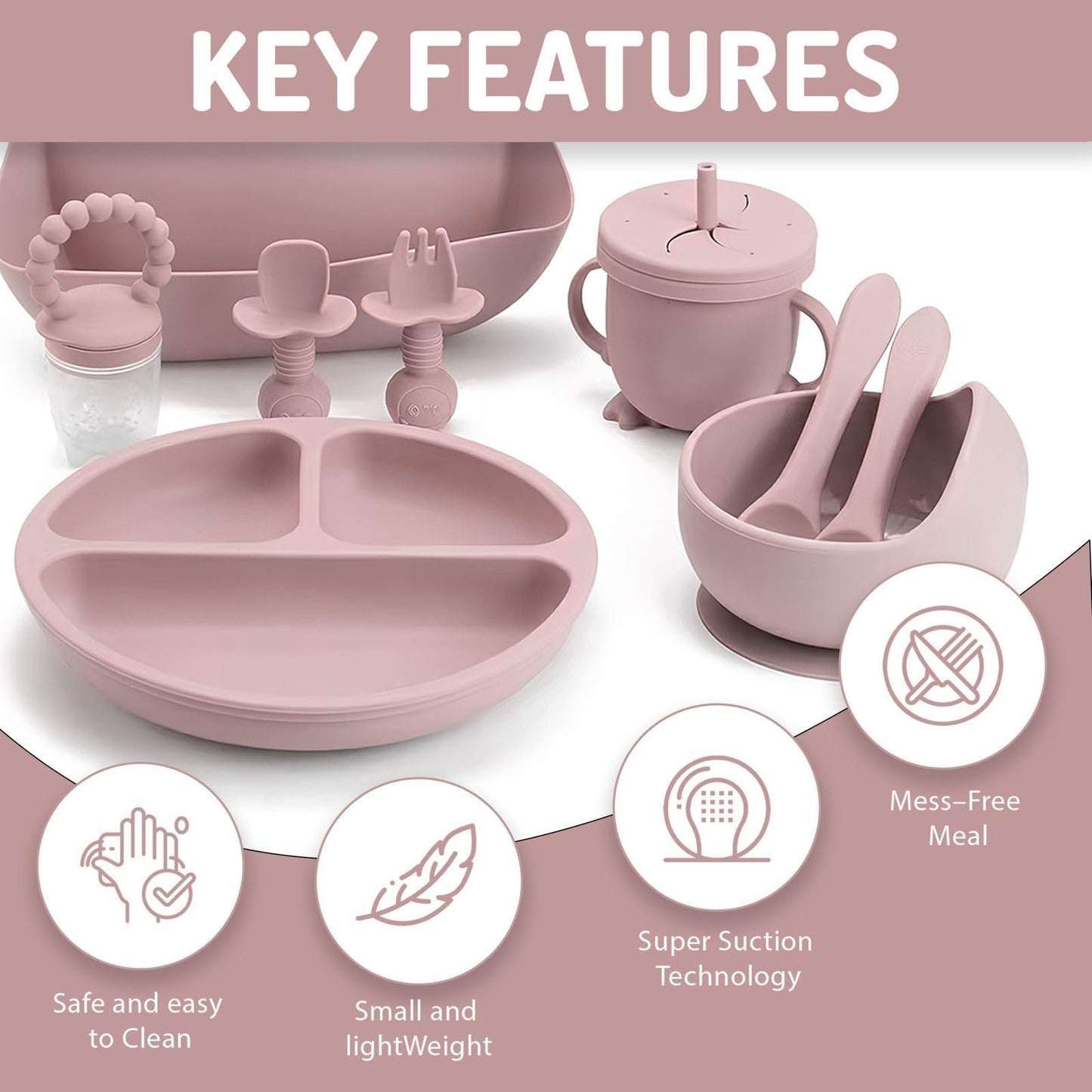 Indique Baby Weaning Set - 11 Pcs Silicone Baby Feeding Set with Suction Plate, Weaning Kit with Adjustable Bib, Fork, Spoon, Fruit Feeder & Toothbrush – Ideal Weaning Set Gift (Light Pink)