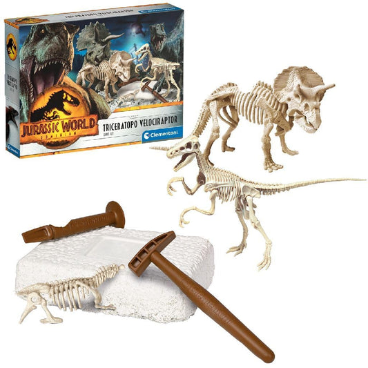 Clementoni - 19289 - Jurassic World - Dino Kit 2 In 1 Triceratop + Velociraptor - Science Kit For Kids 6 Years, Excavation Kit Toy, Realistic Dinosaur, Excavate And Assemble Fossils