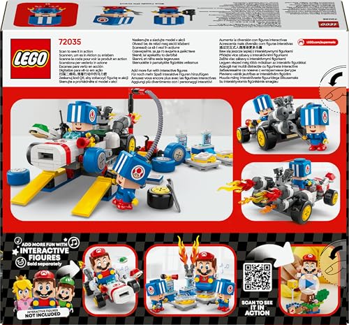 LEGO Super Mario Mario Kart Toad’s Garage set with blue Toad figures, featuring colorful mechanic-themed LEGO play scene.