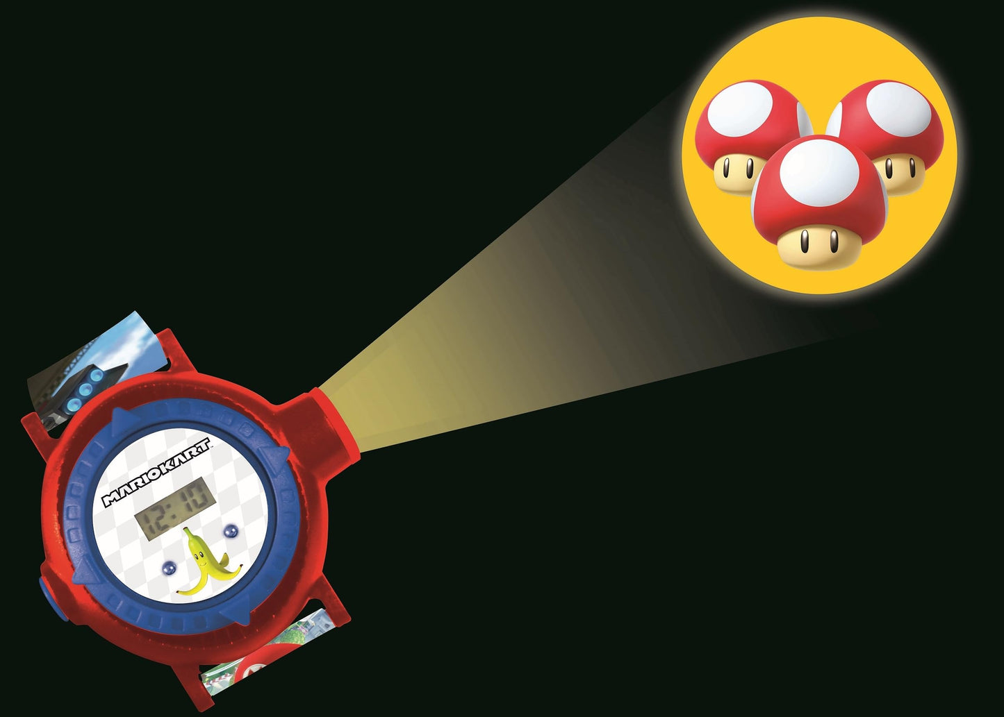 Lexibook Nintendo Mario Kart adjustable projection watch with digital screen, red and blue design, featuring Mario Kart images for children.