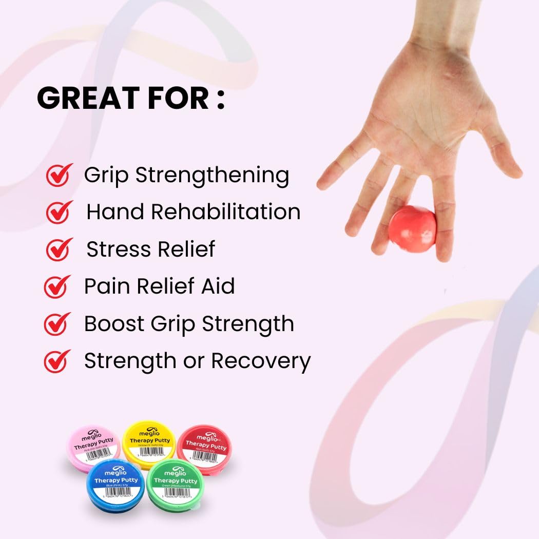 Meglio Hand Therapy Putty in color-coded tubs, 57g each, for strength training, stress relief, and hand exercises for adults and children.