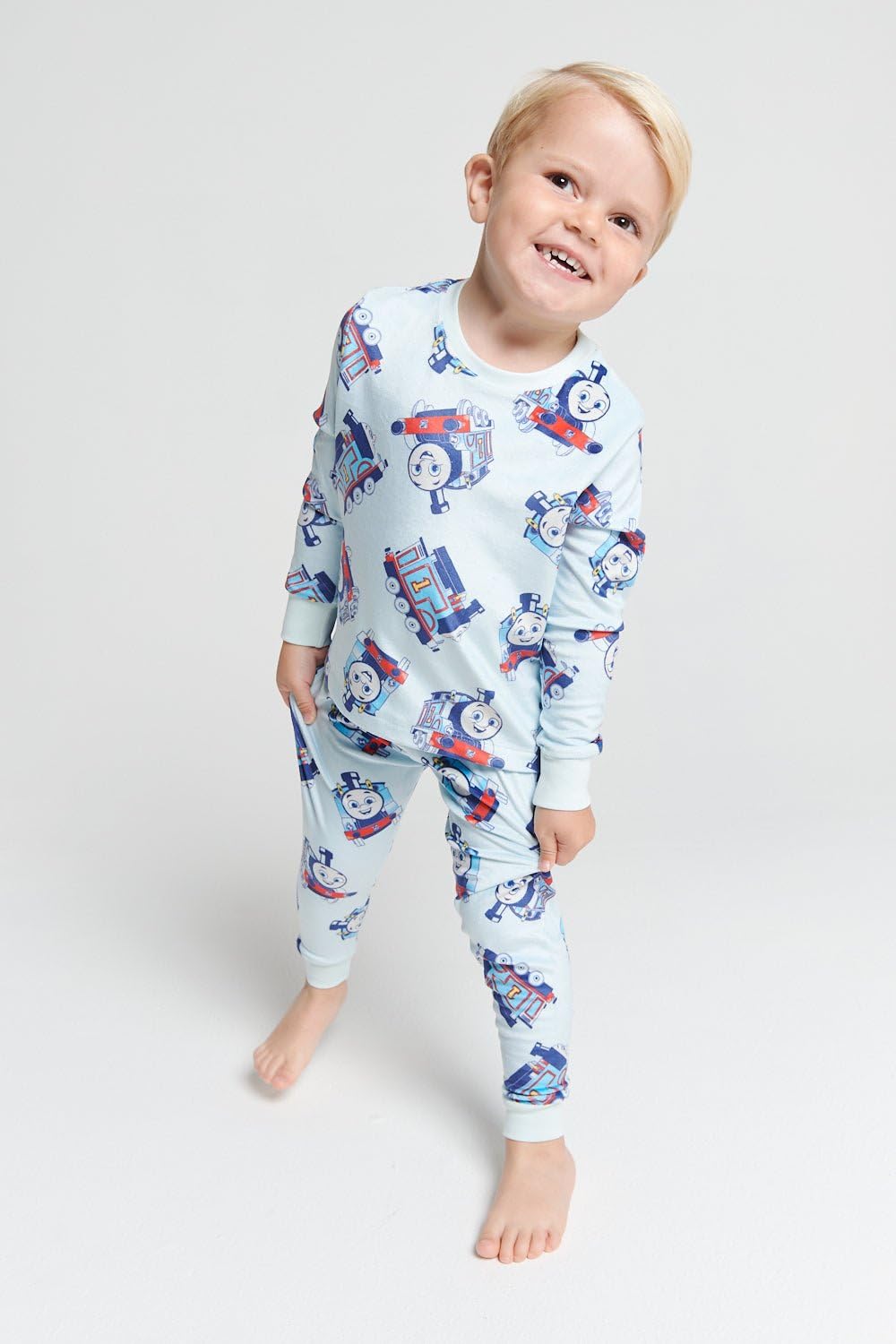 Thomas The Tank Engine Boys Pyjamas- Fleece Twosie - Official Two Piece Set with Long Sleeve Top & Cuffed Bottoms - Super Soft and Cosy Nightwear Gift- Ages 1-5 Years Blue