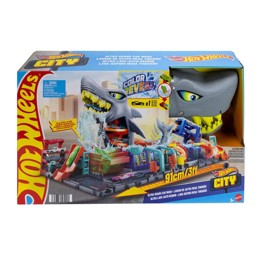 Hot Wheels Let's Race City Toy Car Track Set with Ultra Shark Car Wash and 1:64 Scale Color Reveal Toy Car.