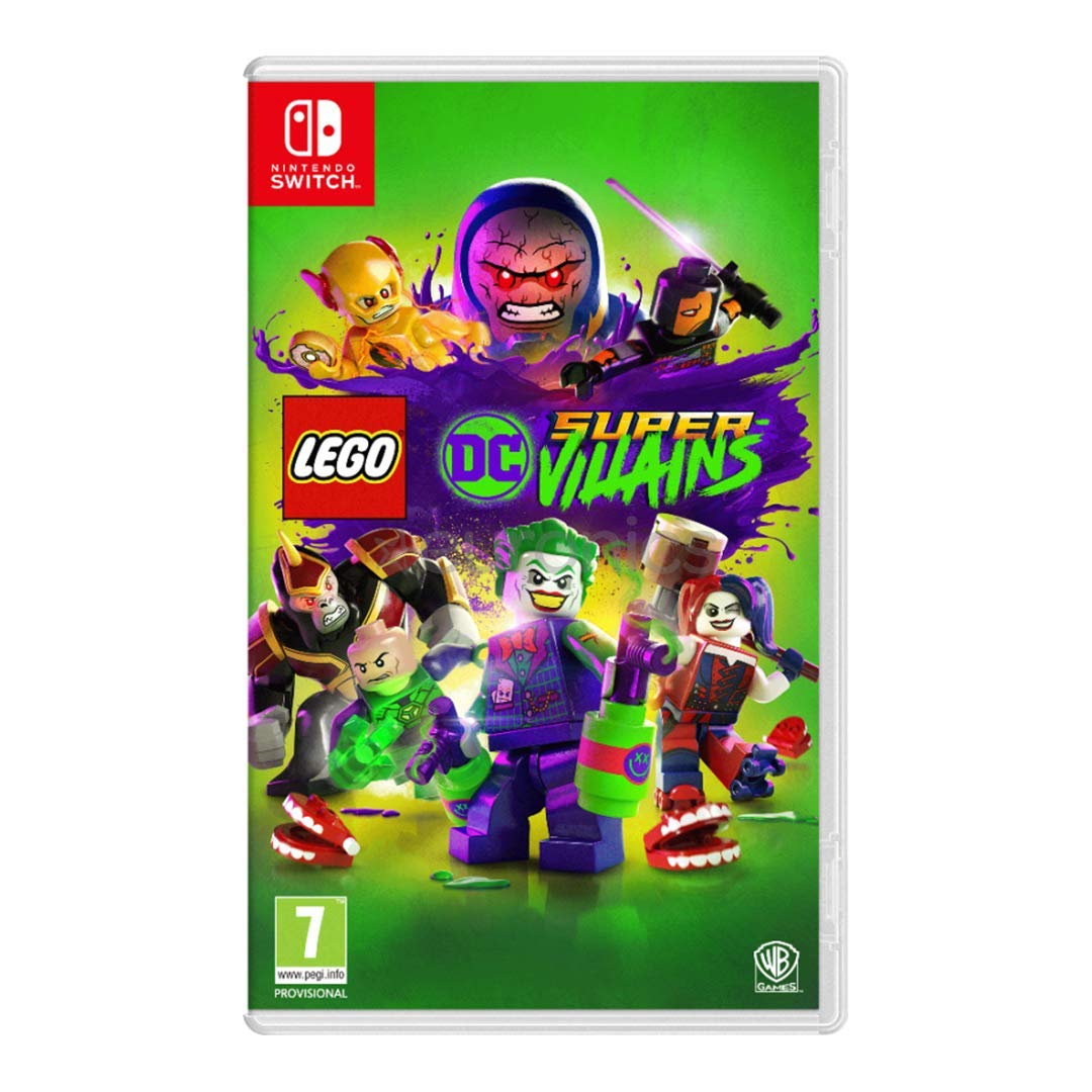 Lego DC Super-Villains Nintendo Switch game cartridge with colorful cover art featuring DC villains by Warner Bros.