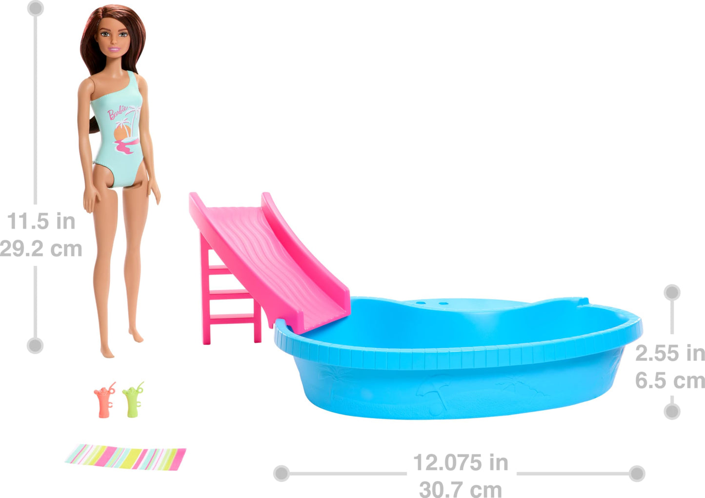 Brunette Barbie doll in seafoam blue swimsuit with pool, slide, towel, and drink accessories in playset scene.